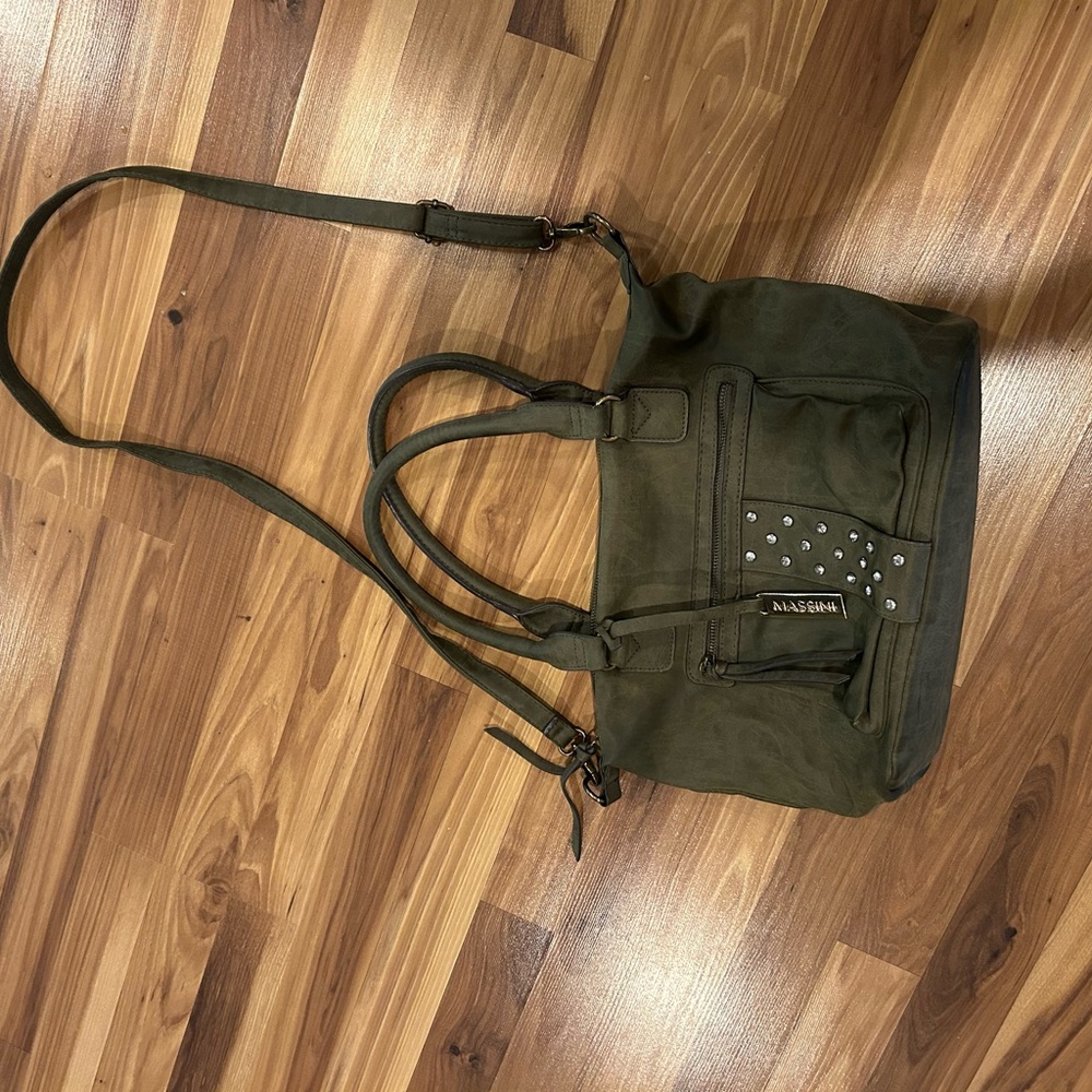 Green Structured Shoulder Bag with Studded Accents